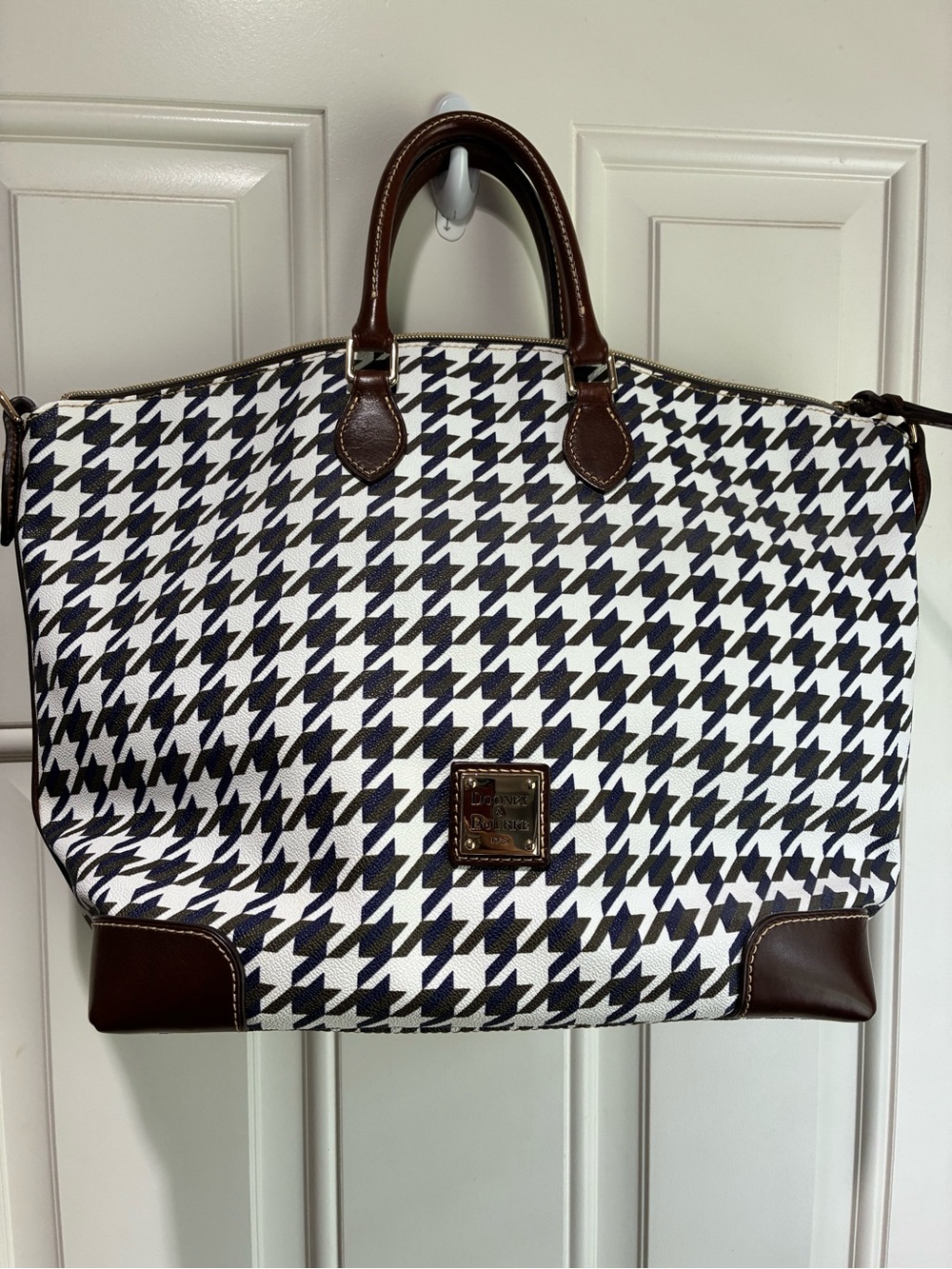 Dooney & Bourke Black and White Houndstooth Duffel with Brown Trim